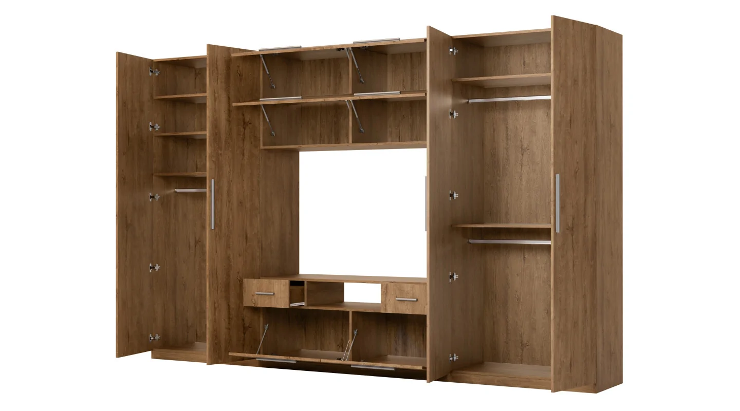 Nowoczesna meblościanka z dużymi szafami, półkami, RTV i szufladami 350×227 cm Dąb Lefkas – SCANDI