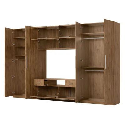 Nowoczesna meblościanka z dużymi szafami, półkami, RTV i szufladami 350×227 cm Dąb Lefkas – SCANDI
