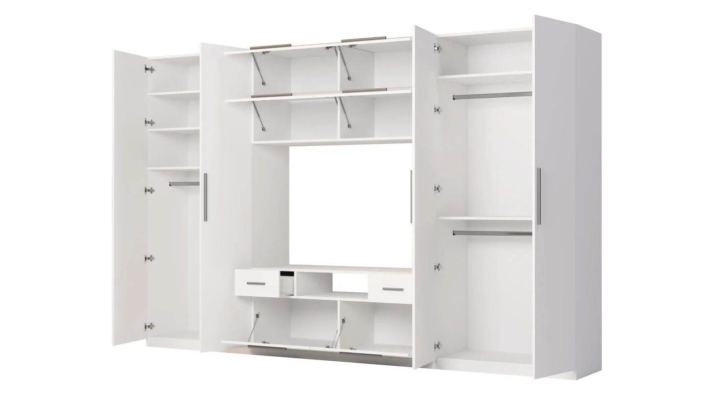 Nowoczesna meblościanka z dużymi szafami, półkami, RTV i szufladami 350×227 cm Biała – SCANDI