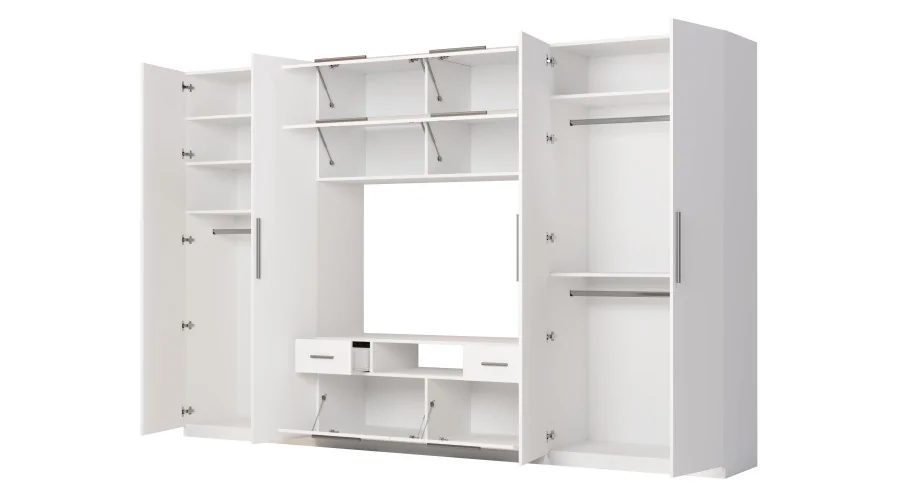 Nowoczesna meblościanka z dużymi szafami, półkami, RTV i szufladami 350×227 cm Biała – SCANDI