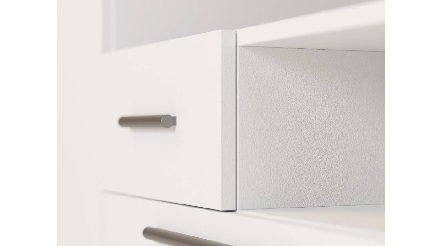 Nowoczesna meblościanka z dużymi szafami, półkami, RTV i szufladami 350×227 cm Biała – SCANDI