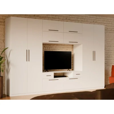 Nowoczesna meblościanka z dużymi szafami, półkami, RTV i szufladami 350×227 cm Biała – SCANDI