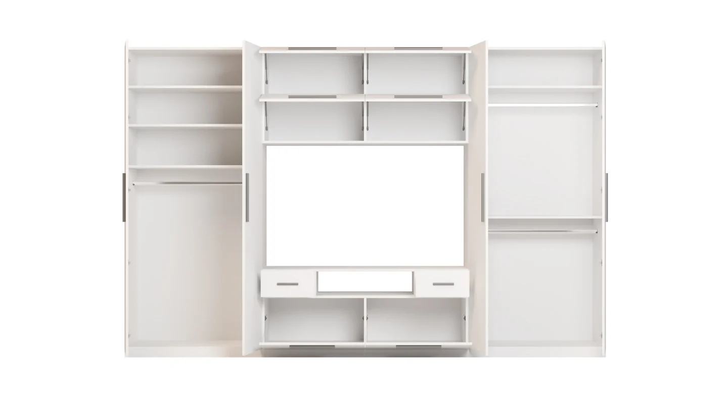 Nowoczesna meblościanka z dużymi szafami, półkami, RTV i szufladami 350×227 cm Biała – SCANDI