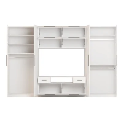 Nowoczesna meblościanka z dużymi szafami, półkami, RTV i szufladami 350×227 cm Biała – SCANDI
