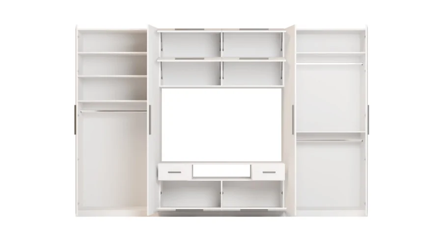 Nowoczesna meblościanka z dużymi szafami, półkami, RTV i szufladami 350×227 cm Biała – SCANDI