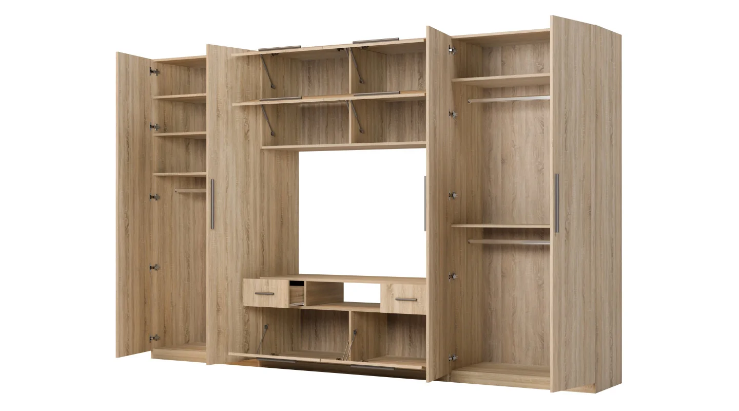 Nowoczesna meblościanka z dużymi szafami, półkami, RTV i szufladami 350×227 cm Sonoma Jasna – SCANDI