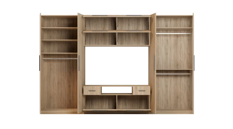Nowoczesna meblościanka z dużymi szafami, półkami, RTV i szufladami 350×227 cm Sonoma Jasna – SCANDI