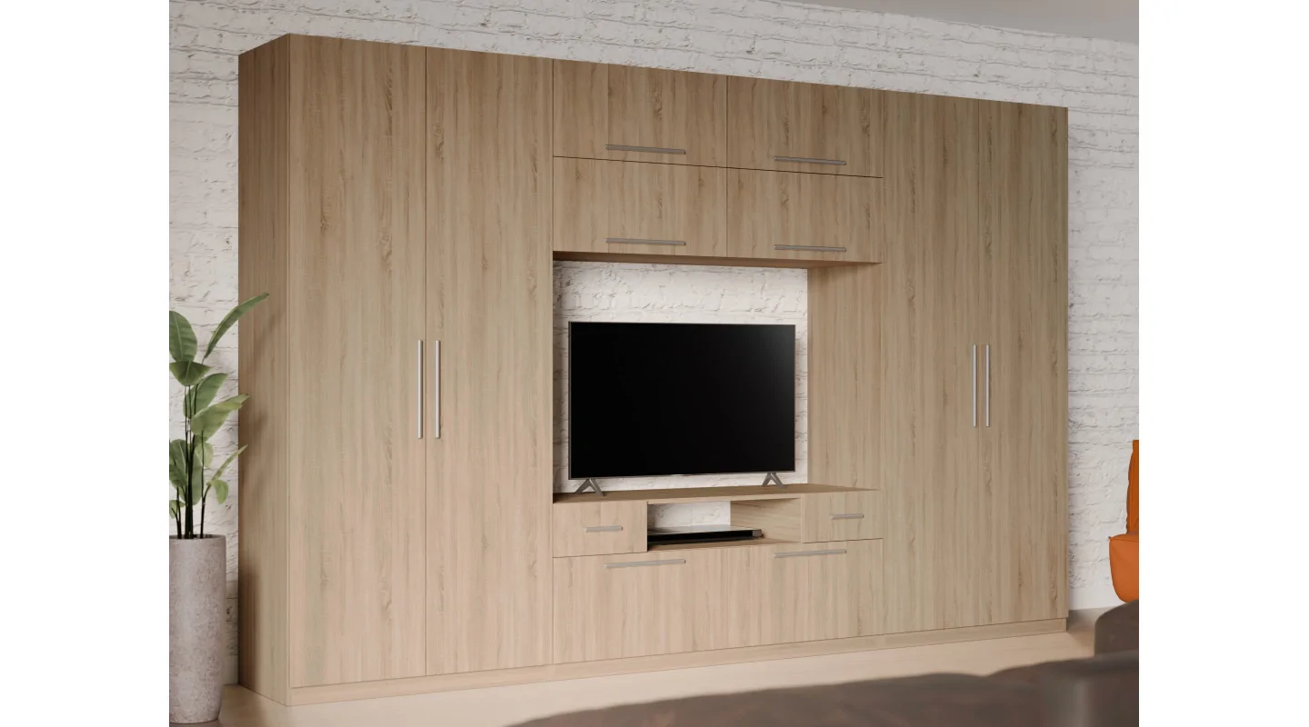 Nowoczesna meblościanka z dużymi szafami, półkami, RTV i szufladami 350×227 cm Sonoma Jasna – SCANDI