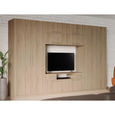 Nowoczesna meblościanka z dużymi szafami, półkami, RTV i szufladami 350×227 cm Sonoma Jasna – SCANDI