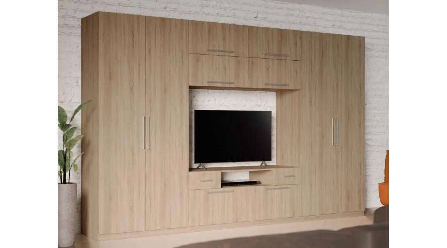 Nowoczesna meblościanka z dużymi szafami, półkami, RTV i szufladami 350×227 cm Sonoma Jasna – SCANDI