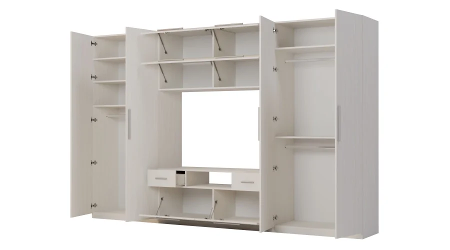 Nowoczesna meblościanka z dużymi szafami, półkami, RTV i szufladami 350×227 cm Sosna Anderson – SCANDI