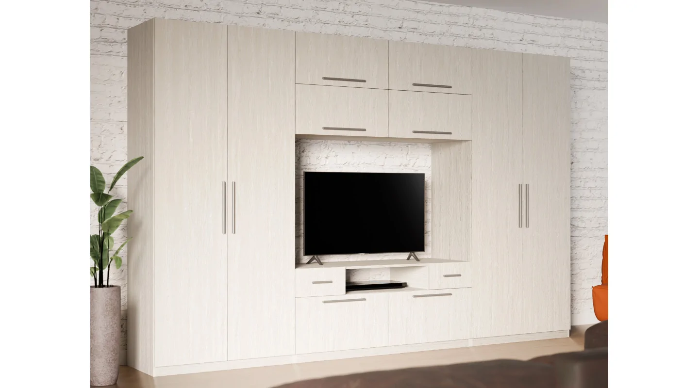 Nowoczesna meblościanka z dużymi szafami, półkami, RTV i szufladami 350×227 cm Sosna Anderson – SCANDI