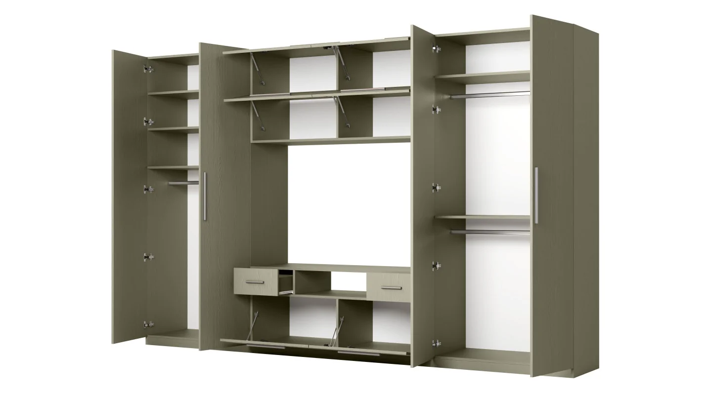 Nowoczesna meblościanka z dużymi szafami, półkami, RTV i szufladami 350×227 cm Eukaliptus – SCANDI