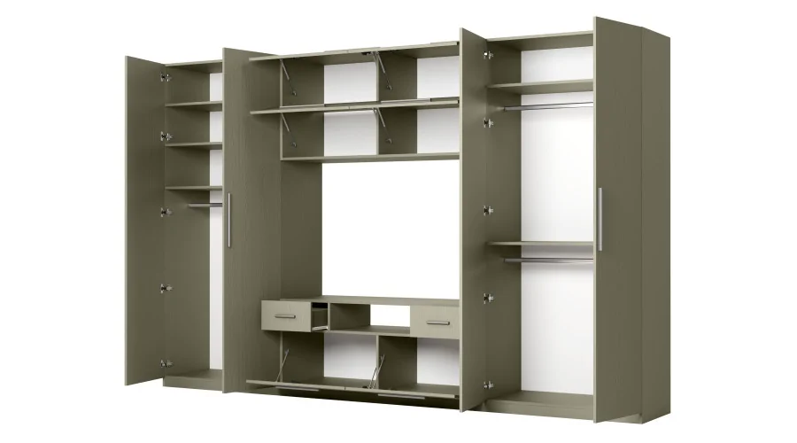 Nowoczesna meblościanka z dużymi szafami, półkami, RTV i szufladami 350×227 cm Eukaliptus – SCANDI