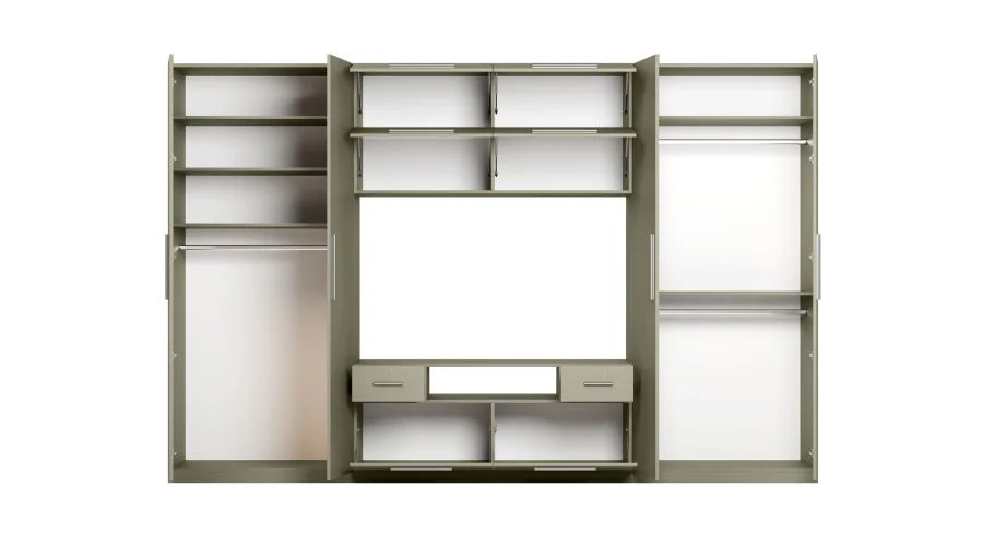 Nowoczesna meblościanka z dużymi szafami, półkami, RTV i szufladami 350×227 cm Eukaliptus – SCANDI