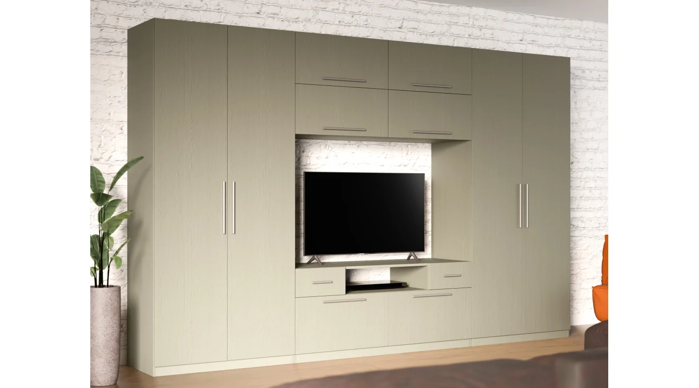 Nowoczesna meblościanka z dużymi szafami, półkami, RTV i szufladami 350×227 cm Eukaliptus – SCANDI