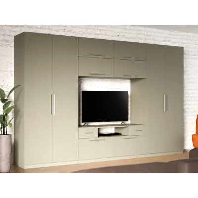 Nowoczesna meblościanka z dużymi szafami, półkami, RTV i szufladami 350×227 cm Eukaliptus – SCANDI