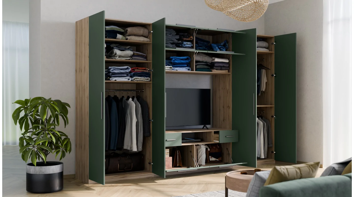 Nowoczesna meblościanka z dużymi szafami, półkami, RTV i szufladami 350×227 cm Kaszmirowy Beż – SCANDI