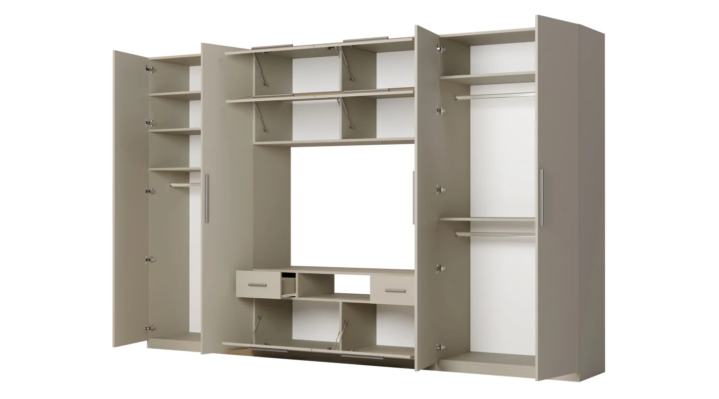 Nowoczesna meblościanka z dużymi szafami, półkami, RTV i szufladami 350×227 cm Kaszmirowy Beż – SCANDI