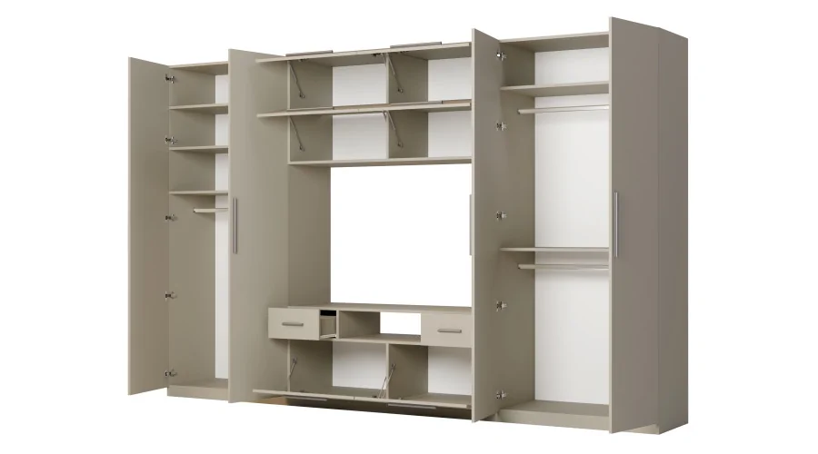 Nowoczesna meblościanka z dużymi szafami, półkami, RTV i szufladami 350×227 cm Kaszmirowy Beż – SCANDI