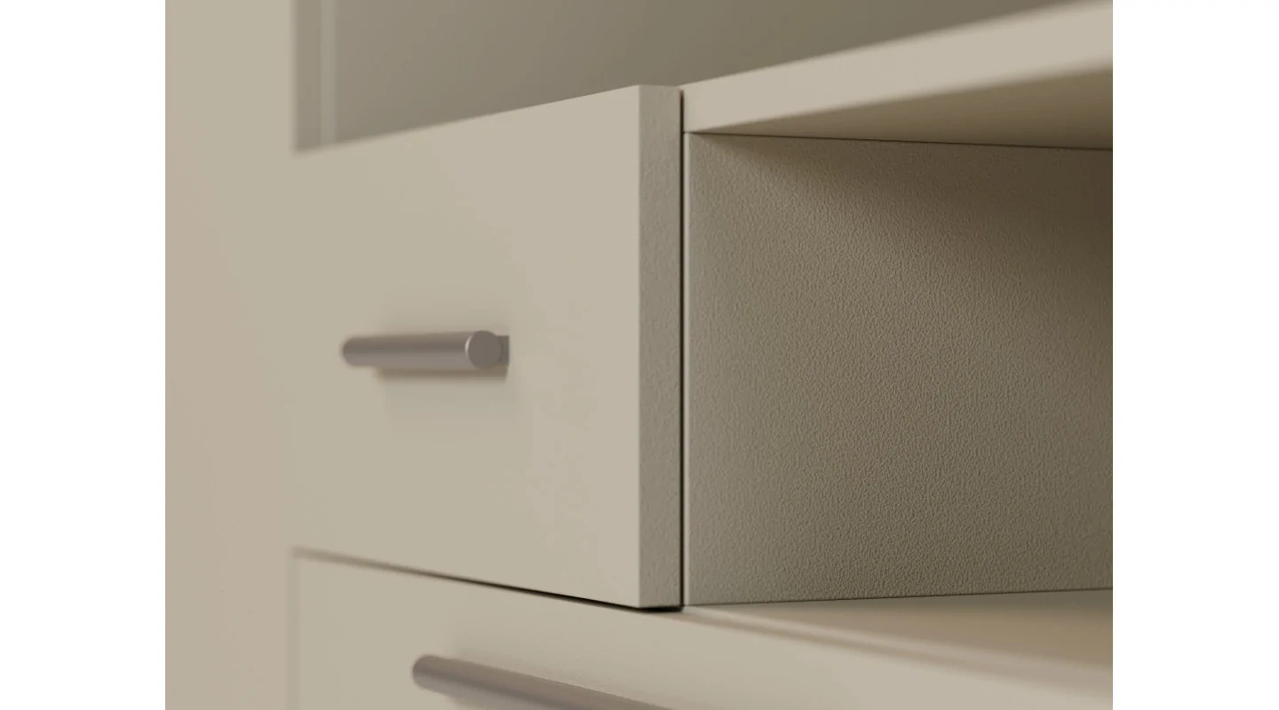 Nowoczesna meblościanka z dużymi szafami, półkami, RTV i szufladami 350×227 cm Kaszmirowy Beż – SCANDI