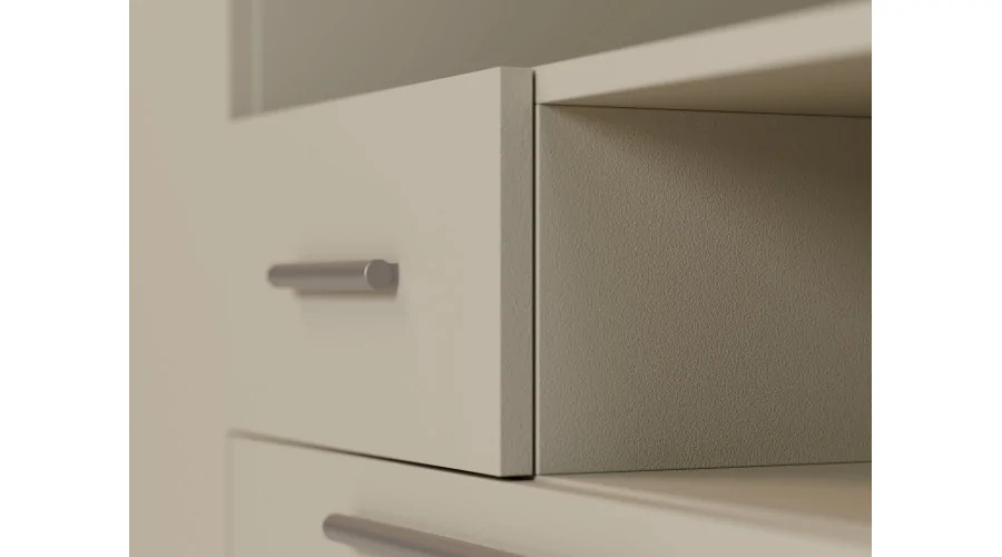 Nowoczesna meblościanka z dużymi szafami, półkami, RTV i szufladami 350×227 cm Kaszmirowy Beż – SCANDI