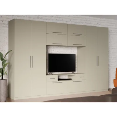 Nowoczesna meblościanka z dużymi szafami, półkami, RTV i szufladami 350×227 cm Kaszmirowy Beż – SCANDI