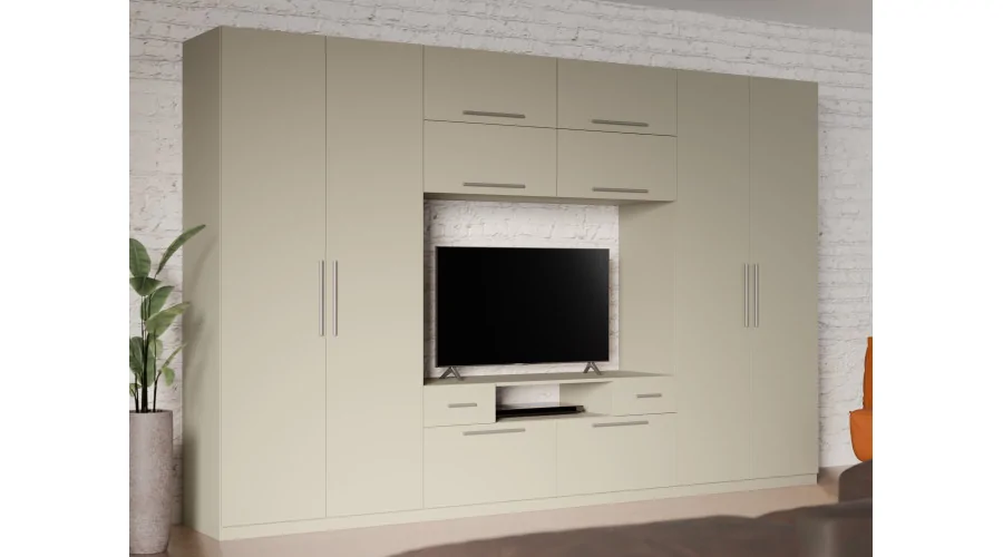 Nowoczesna meblościanka z dużymi szafami, półkami, RTV i szufladami 350×227 cm Kaszmirowy Beż – SCANDI