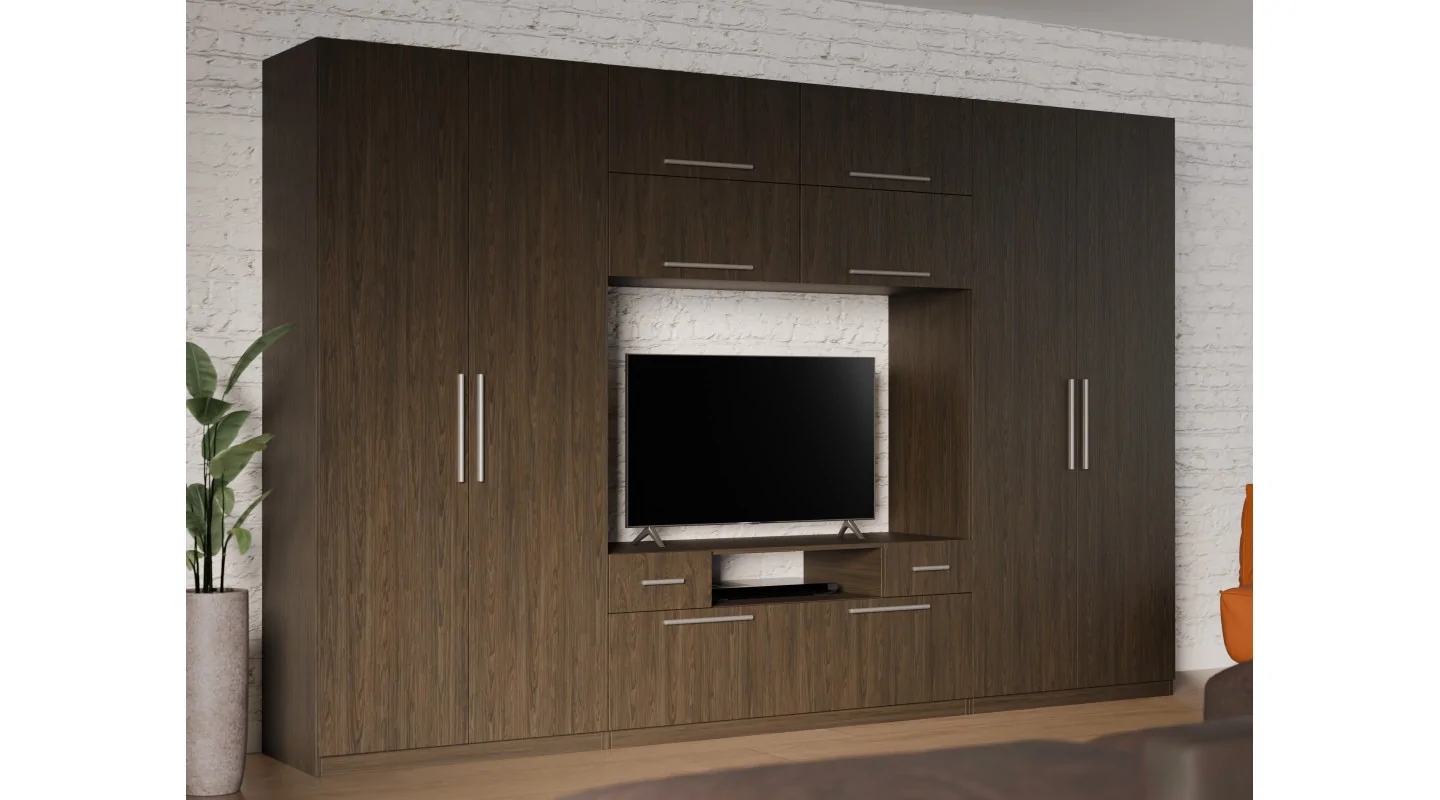 Nowoczesna meblościanka z dużymi szafami, półkami, RTV i szufladami 350×227 cm Dąb Windmill Dark – SCANDI