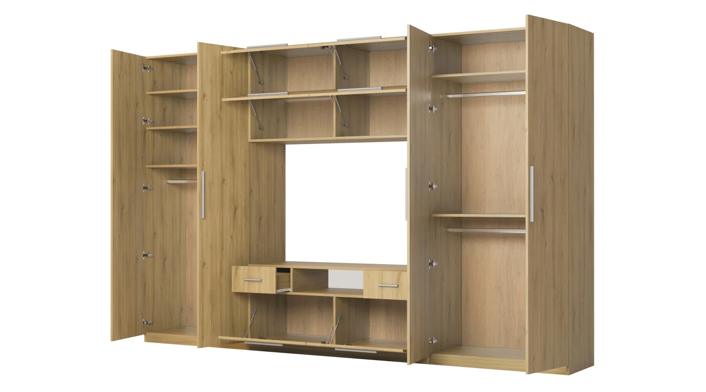Nowoczesna meblościanka z dużymi szafami, półkami, RTV i szufladami 350×227 cm Dąb Carpenter Whisky – SCANDI