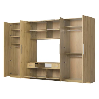 Nowoczesna meblościanka z dużymi szafami, półkami, RTV i szufladami 350×227 cm Dąb Carpenter Whisky – SCANDI