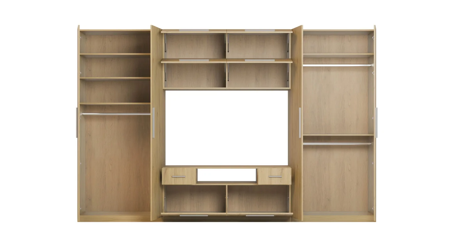 Nowoczesna meblościanka z dużymi szafami, półkami, RTV i szufladami 350×227 cm Dąb Carpenter Whisky – SCANDI