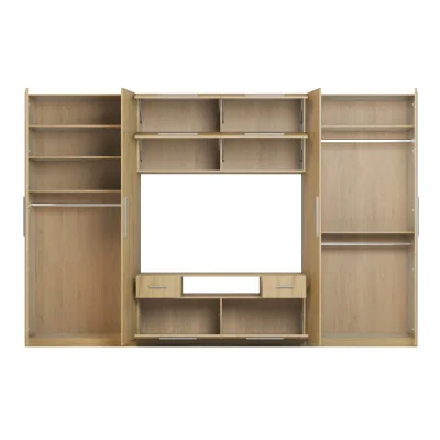 Nowoczesna meblościanka z dużymi szafami, półkami, RTV i szufladami 350×227 cm Dąb Carpenter Whisky – SCANDI
