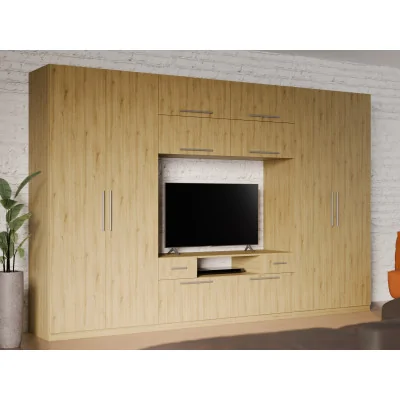 Nowoczesna meblościanka z dużymi szafami, półkami, RTV i szufladami 350×227 cm Dąb Carpenter Whisky – SCANDI