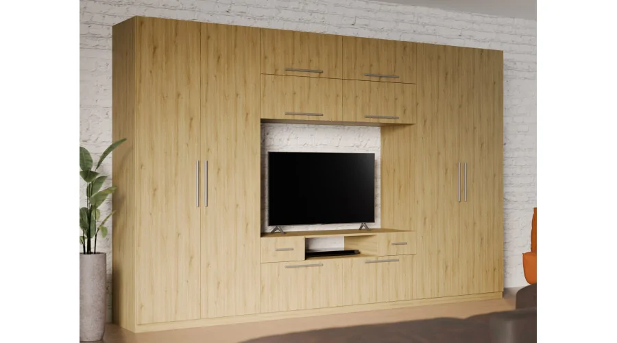 Nowoczesna meblościanka z dużymi szafami, półkami, RTV i szufladami 350×227 cm Dąb Carpenter Whisky – SCANDI