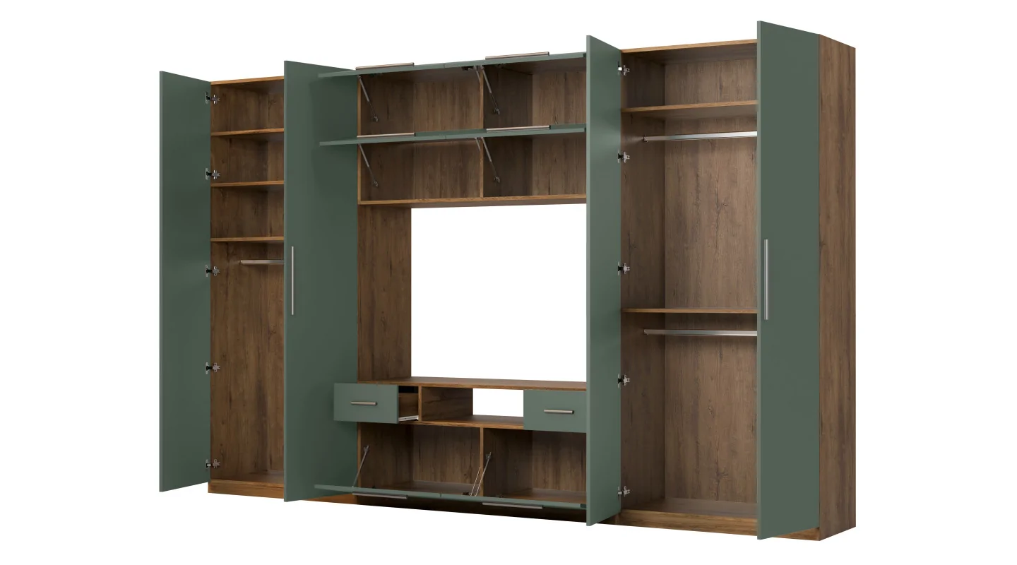Nowoczesna meblościanka z dużymi szafami, półkami, RTV i szufladami 350×227 cm Dąb Lefkas / Zieleń Butelkowa – SCANDI
