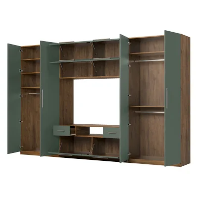 Nowoczesna meblościanka z dużymi szafami, półkami, RTV i szufladami 350×227 cm Dąb Lefkas / Zieleń Butelkowa – SCANDI