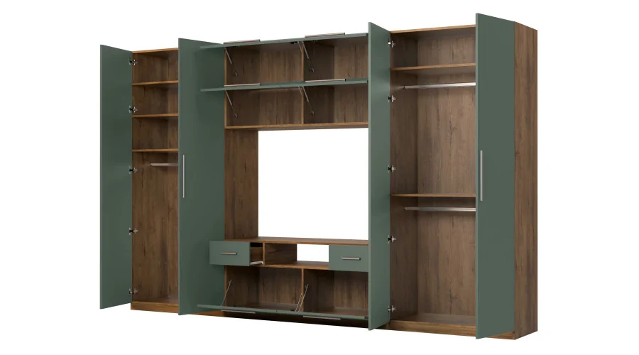 Nowoczesna meblościanka z dużymi szafami, półkami, RTV i szufladami 350×227 cm Dąb Lefkas / Zieleń Butelkowa – SCANDI