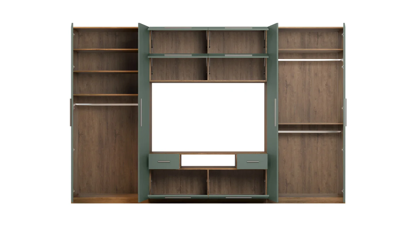 Nowoczesna meblościanka z dużymi szafami, półkami, RTV i szufladami 350×227 cm Dąb Lefkas / Zieleń Butelkowa – SCANDI