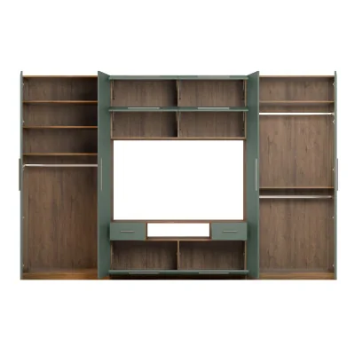 Nowoczesna meblościanka z dużymi szafami, półkami, RTV i szufladami 350×227 cm Dąb Lefkas / Zieleń Butelkowa – SCANDI