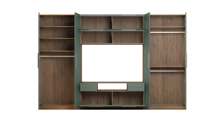 Nowoczesna meblościanka z dużymi szafami, półkami, RTV i szufladami 350×227 cm Dąb Lefkas / Zieleń Butelkowa – SCANDI