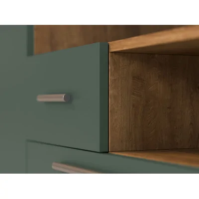 Nowoczesna meblościanka z dużymi szafami, półkami, RTV i szufladami 350×227 cm Dąb Lefkas / Zieleń Butelkowa – SCANDI