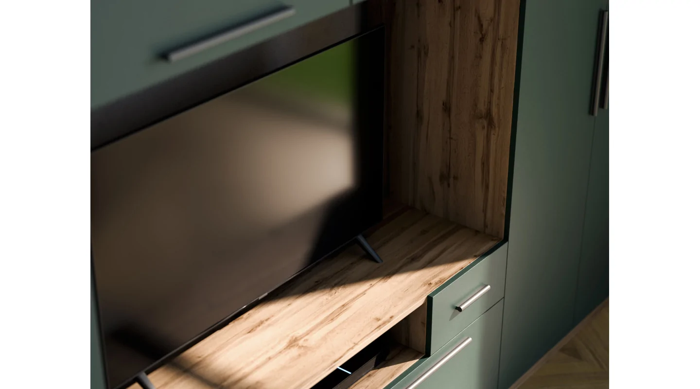 Nowoczesna meblościanka z dużymi szafami, półkami, RTV i szufladami 350×227 cm Dąb Lefkas / Zieleń Butelkowa – SCANDI