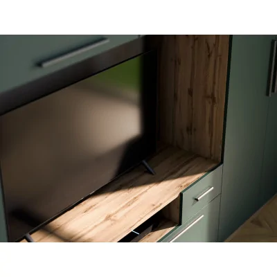 Nowoczesna meblościanka z dużymi szafami, półkami, RTV i szufladami 350×227 cm Dąb Lefkas / Zieleń Butelkowa – SCANDI