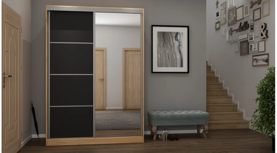 Szafa przesuwna 150x215 cm dąb Wotan / czarna z lustrem – Selto | eMeblast