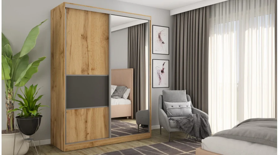 Szafa przesuwna 170x230 cm dąb Wotan / grafit z lustrem i szufladami – Ravelo | eMeblast Szafa przesuwna 170x230 cm dąb Wotan / grafit z lustrem i szufladami – Ravelo | eMeblast