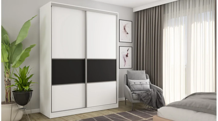 Szafa przesuwna 170x230 cm biel / czarna z szufladami – Ravelo | eMeblast