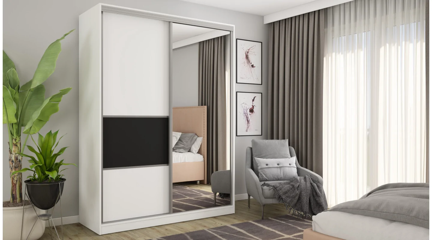 Szafa przesuwna 170x230 cm biel / czarna z lustrem i szufladami – Ravelo | eMeblast