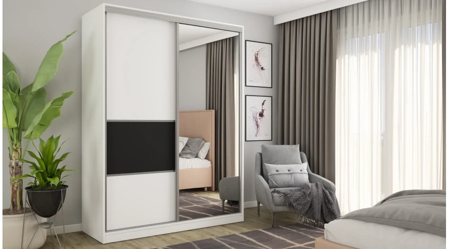 Szafa przesuwna 170x230 cm biel / czarna z lustrem i szufladami – Ravelo | eMeblast