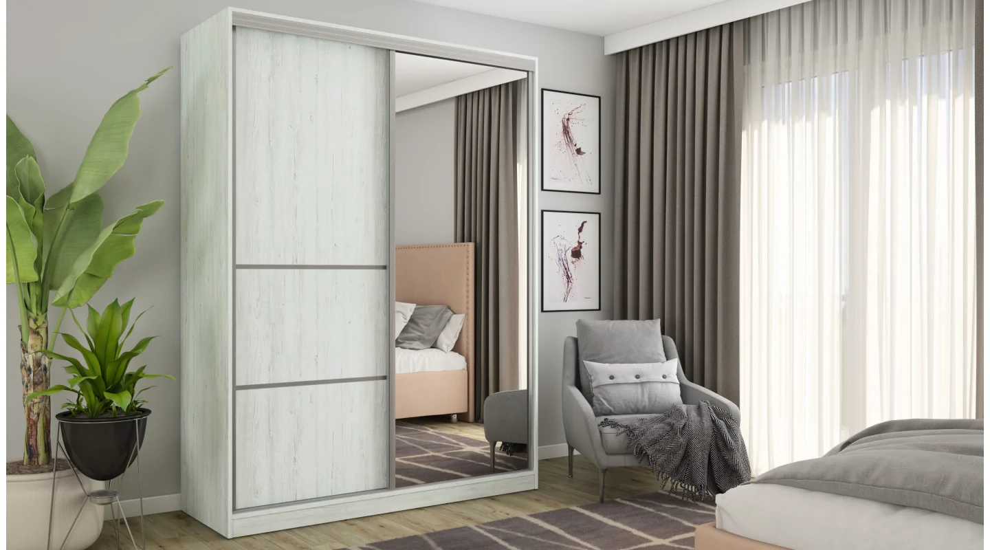 Szafa przesuwna 170x230 cm sosna Andersen z lustrem i szufladami – Ravelo | eMeblast